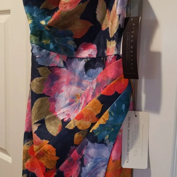 Aidan Mattox One Shoulder Draped Floral Gown With Thigh Slit In Navy Multi - Picture 9 of 14